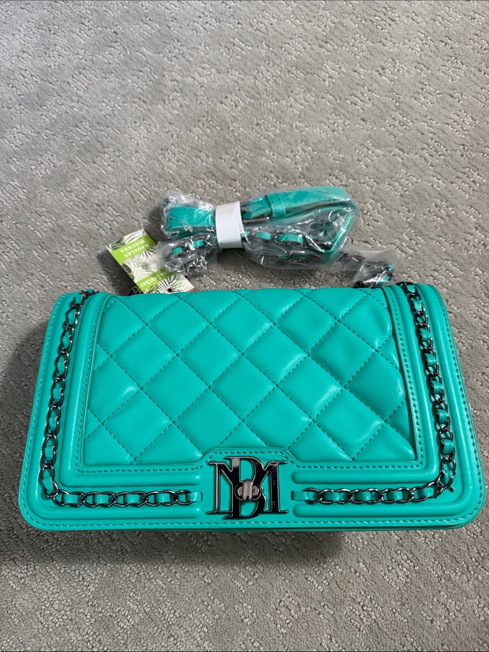 Badgley Mischka Quilted Turquoise Green Chain Crossbody Bag